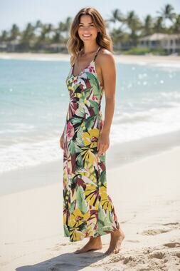 Nicole Miller Tropical Floral Maxi Dress Strappy Back Pockets Women's Medium